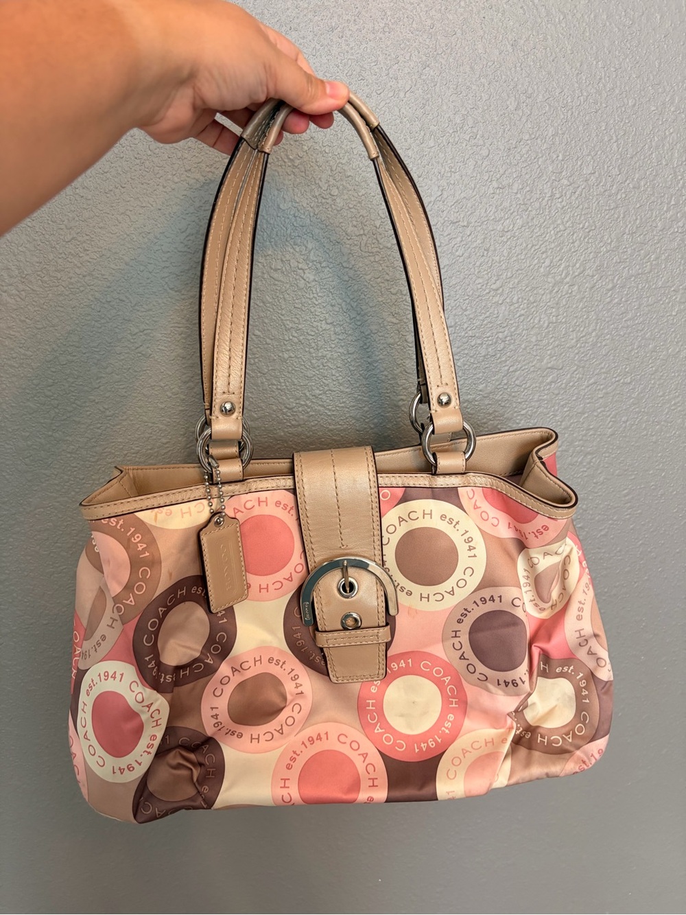 Coach Pink & Taupe Circle Print Shoulder Bag with Leather Trim
